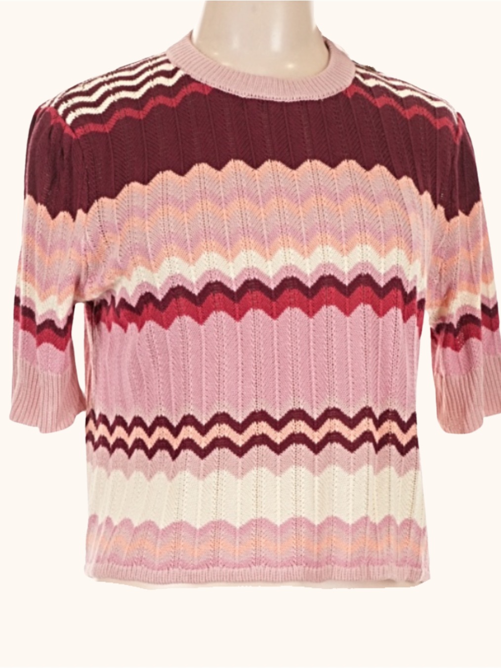 Tuckernuck Pink Chevron Pointelle Knit Short Sleeve Sweater L